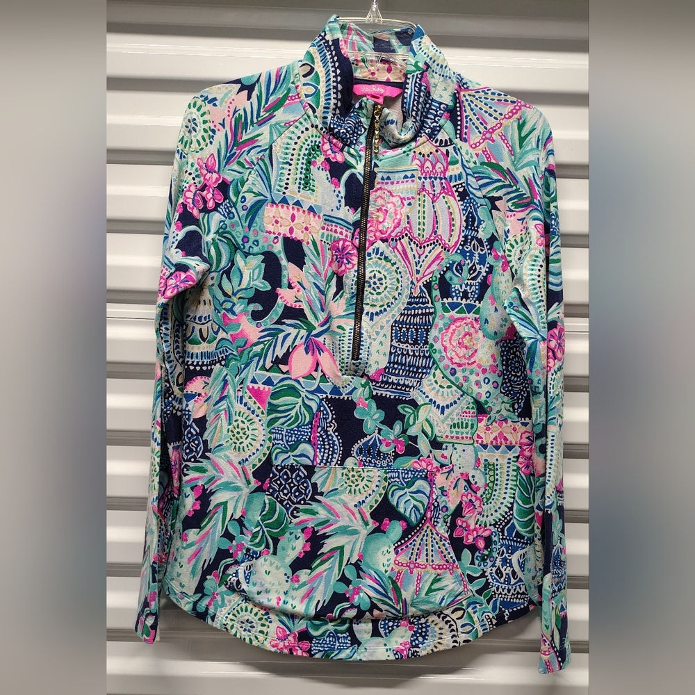 Lilly Pulitzer 1/2 Zip Lookin Sharp Edgewater Multicolor Printed Sweatshirt Sz S - Picture 2 of 6